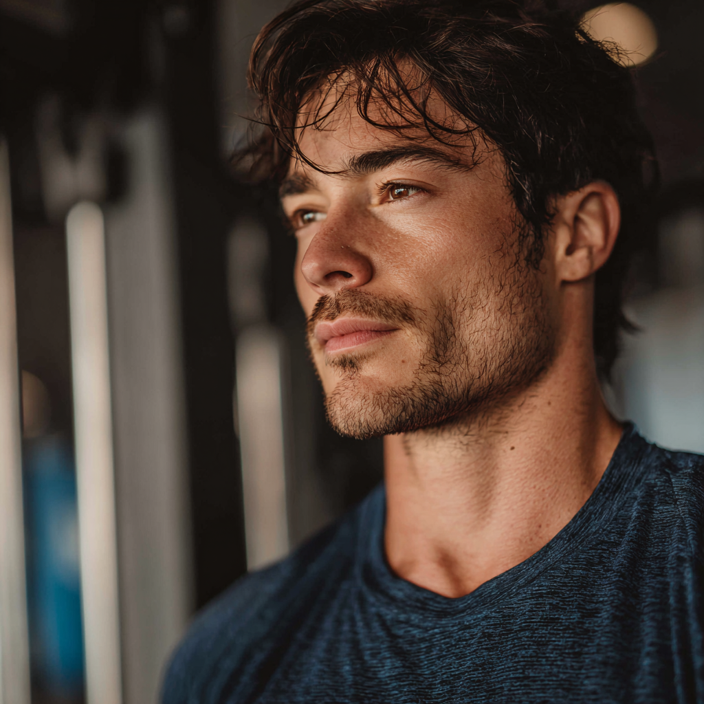 Dedicated man following structured workout plan with focus and determination in modern fitness facility