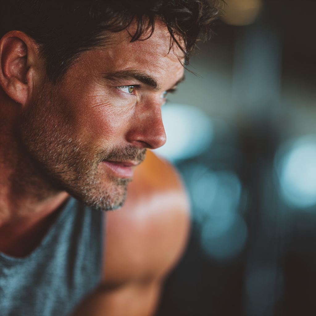 Strong confident man working out with determination and focus in modern gym setting